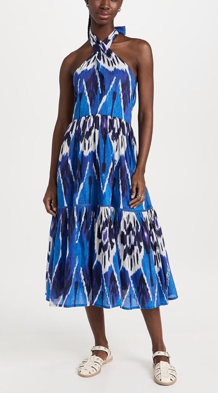 Ro's Garden Henrietta Halter Tie Midi Dress Blue Ikat Cotton Tiered Tuckernuck